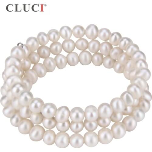 CLUCI Brand Design Noble Freshwater Pearl Elastic Bracelet Statement Jewelry Silver Plated bracelet White Pearls Women FB2003SB