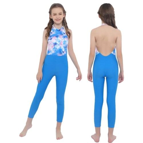 Kids Girls One-piece Gymnastics Leotard Sport Jumpsuits Halter Neck Sleeveless Open Back Elastic Waist Dancing Jumpsuit Bodysuit