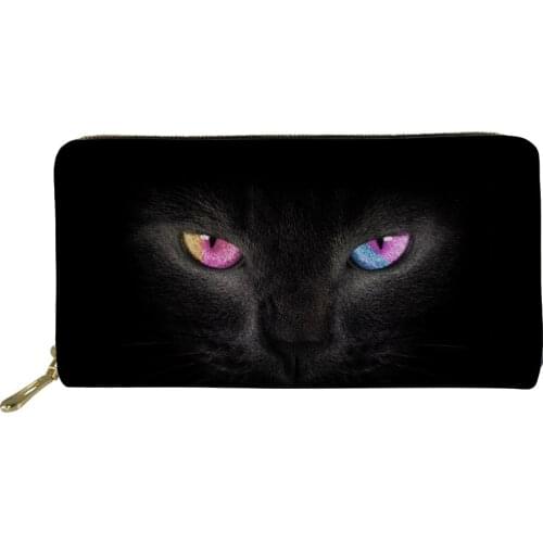 Long Womens Wallet Cool Cat Print Black Coin Wallets Zip Around PU Leather Purses With Card Holder Money Bag Lady Clutch Purse
