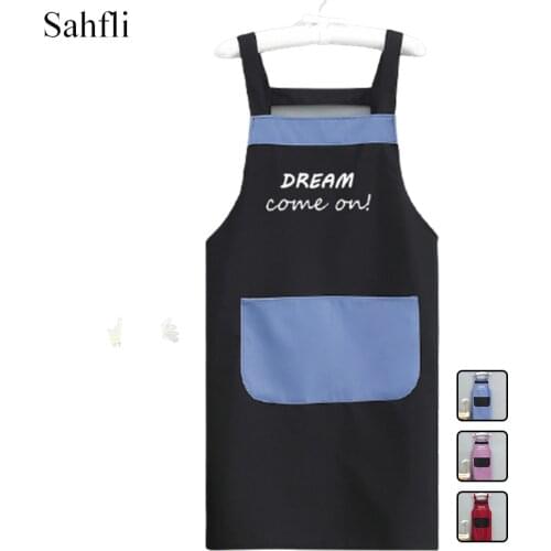 Double Color Mix Modern Simple Style Double Shoulder Fixed Design Waterproof Polyester Adult Sleeveless Apron with Big Pocket