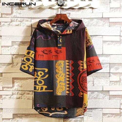 INCERUN Men Hooded T Shirt Ethnic Style Printed Cotton Retro Half Sleeve Button Pullovers Summer 2021 Streetwear Mens T-shirts 7