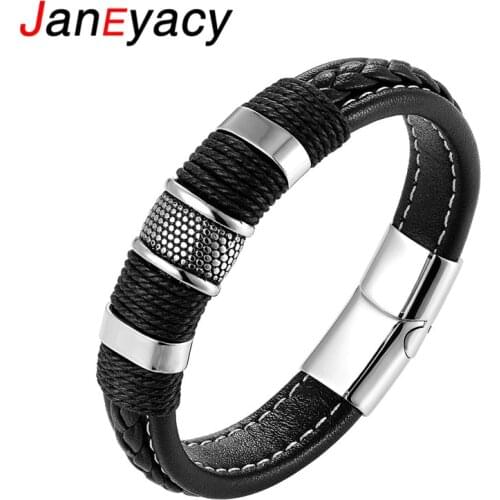 Janeyacy 2019 Fashion Stainless Steel Chain Genuine Leather Bracelet Men Vintage Male Braid Jewelry for women Bracelet Pulseira