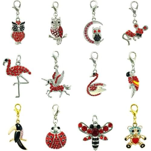 JINGLANG Mix Sale Wholesale Fashion Lobster Clasp Charm Red Rhinestone Animals Pendants For Women Jewelry Making Accessories