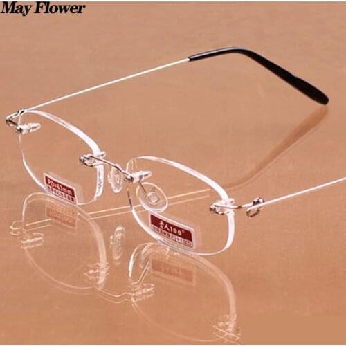 May Flower Square Rimelss Reading Glasses Flexible Presbyopic Eye Glasses With Case Resin Clear Lens Frameless Glass Frame Men