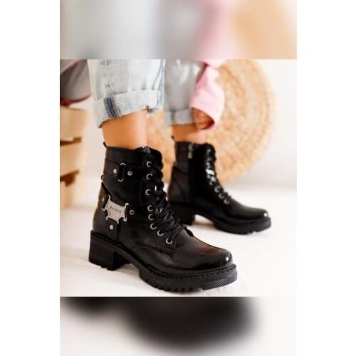 Limoya Adelyn Black Wrinkled Patent Leather Buckle Detail, Lace-Up Boots