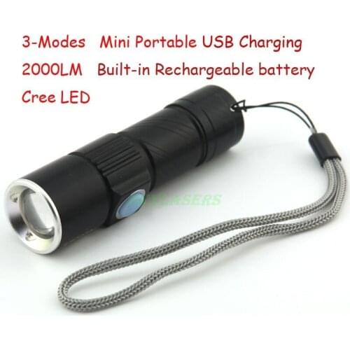 Zoomable 3-Mode Led Portable LED Flashlight USB Charging Torch Rechargerable Battery Built-in