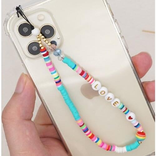 Cute Simple Bohemian Pearl LOVE Letter Beaded Mobile Phone Lanyard Colorful Soft Ceramic Mobile Phone Chain Female JewelryGifts