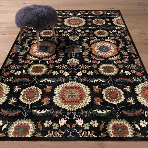 Ethnic Style Bedroom Bedside Area Rugs Fashion Retro Flower Black Living Room Kitchen Door Carpet Hallway Anti-Slip Floor Mats