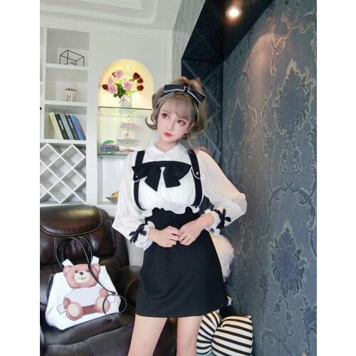 New Japan Style Lolita Elegant Bow Lantern Sleeve Short Dress Sexy Slim High Waist Female Black Fashion Sweet Dresses