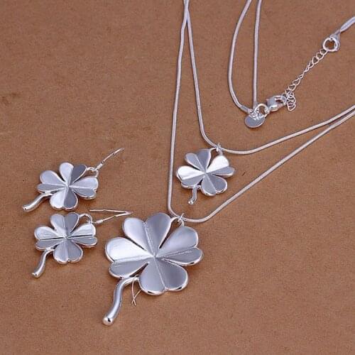 S184 wholesale silver plated jewelry set,Factory price fashion 925 Stamped jewelry set Four-Leaved Clover Earrings Necklace S184