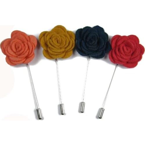 New 12pcs/lot Fabric rose flower Mens Stick Brooches Lapel Pin for Suits 10Colors Mens Brooch Pin Fashion Jewelry