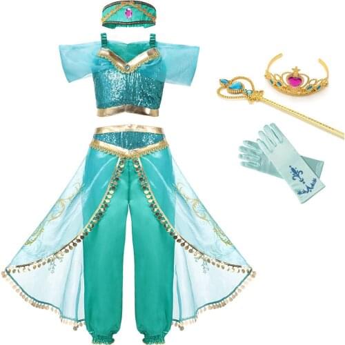 Girls Princess Dress Jasmin Aladdins lamp Costume Kids Sequins Cosplay Clothes Children Carnival Halloween Party Fancy Dress