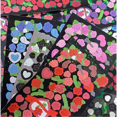 Korean Flower Rose Stickers Beautiful Shiny Laser Mobile Phone Stationery Idol Card DIY Material Decorative Sticker Personalized