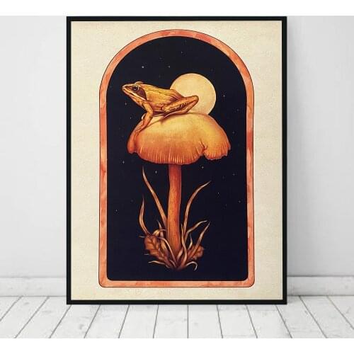 Boho Frog Mushroom Poster and Print Vintage Inspired Art Nature Canvas Painting Retro Wall Picture for Living Room Home Decor