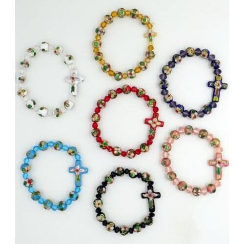 Cloisonne Rosary Beaded Bracelets Sideways Cross Pendant Crystal Rhinestone Enamel Handmade Religious Bracelet
