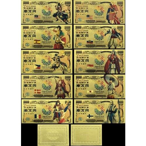 Japan Gold Banknote Tokyo World Flags Comics Cartoon Card Souvenir Anime Gold Plastic Cards for Collection