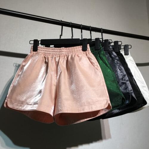 Bright Silk Elastic High Waist Shorts Summer Women Wide Leg Shorts Casual Streetwear Mini Hot Shorts with Poket Sexy Mujer