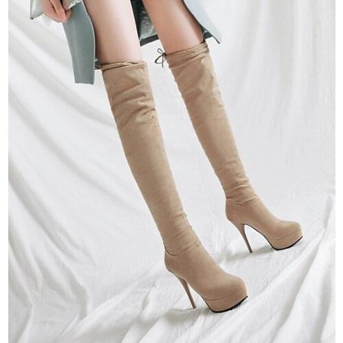 Big Size 11 12 13 14 15 16 17 Suede round head slim high heel sleeve waterproof platform over knee long sleeve fashion boots