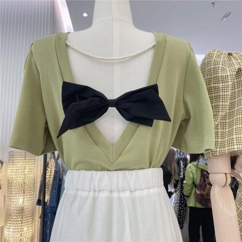 2021 Spring and Summer New Graceful Bow Design Sense Backless Short Sleeve Top Loose T-shirt for Women