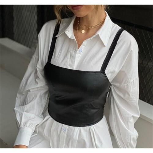 2021 Womans Sexy Solid Color PU Leather Sling Camisole, All-match Black Slim Elastic Short Waistcoat, Daily Life