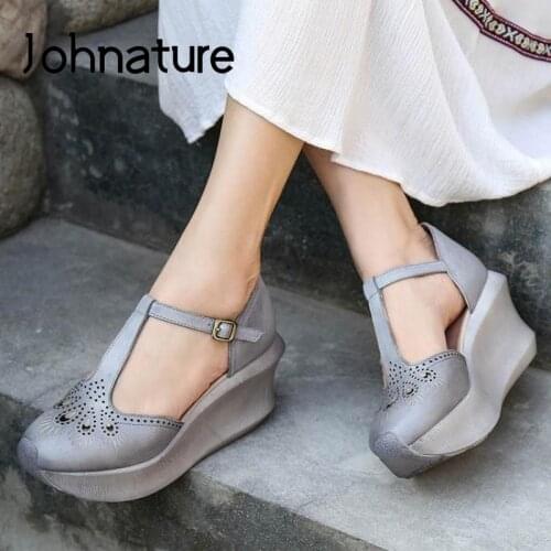 Johnature Retro Summer Sandals 2020 New Women Shoes Genuine Leather Buckle Strap Casual Wedges Handmade Platform Ladies Sandals