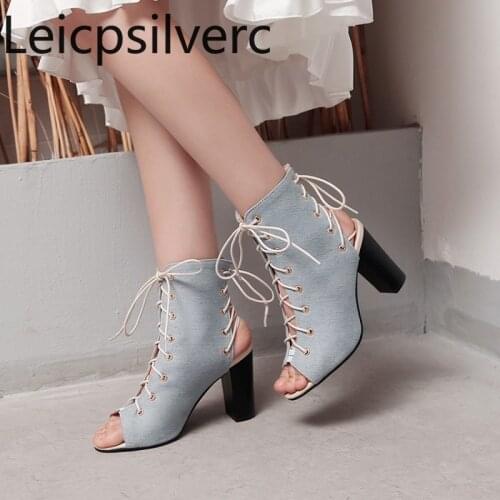 Womens Boots summer The New fashion Fish mouth Open toe Lace-up Thick heel High heel Womens shoes plus size 33-48