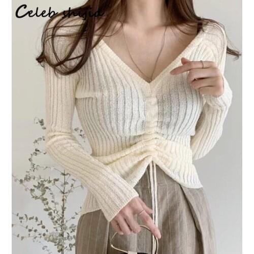 SHIJIA Elegant Drawstring Sweater Woman V Neck Apricot Fall Clothes for Women Korean Full Sleeve Chic Knitted Jumper Autumn New