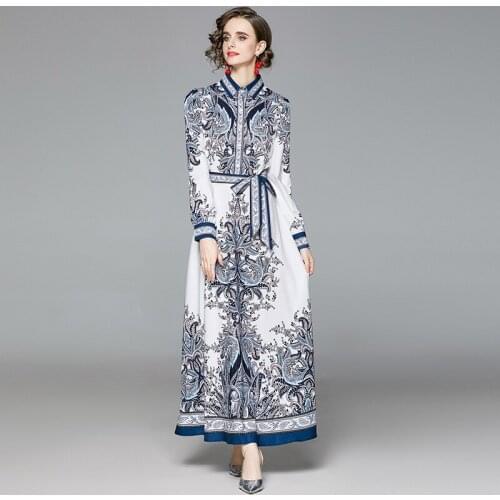 Autumn Fashion Runway Designer Elegant Long Dress Women Long sleeve Retro Floral Print Sashes Lace up Maxi Dress K7365
