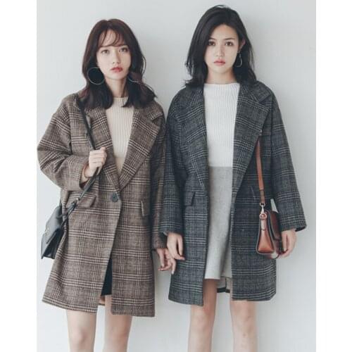 Winter New Korean Thick Plaid Woolen Coat Women Vintage Single Breasted Mid-length Woolen Jacket Fashion Casual Woman Coats