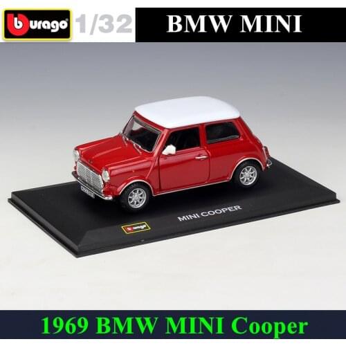 Bburago 1:32 1969 BMW MINI Cooper simulation alloy car model plexiglass dustproof display base package Collecting gifts