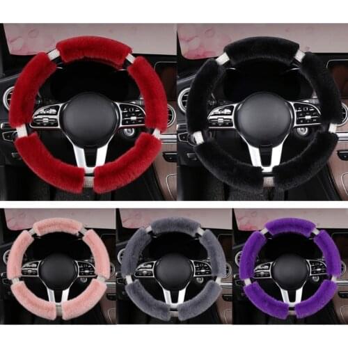 Fluffy Steering Wheel Cover with Rhinestones Diamond Fur Furry Steering Cover J60F