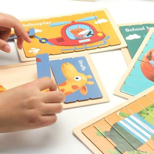 Kids Animal 3D Wooden Puzzle Montessori Toy Double-sided Story Jigsaw Puzzle Wooden Toys Educational Toys Puzzles For Kids