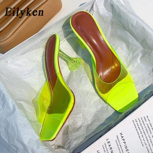 Eilyken Open toe silver Green PVC Transparent thick Block High heels Woman Jelly Sandals Women Slides Slippers Mules shoes