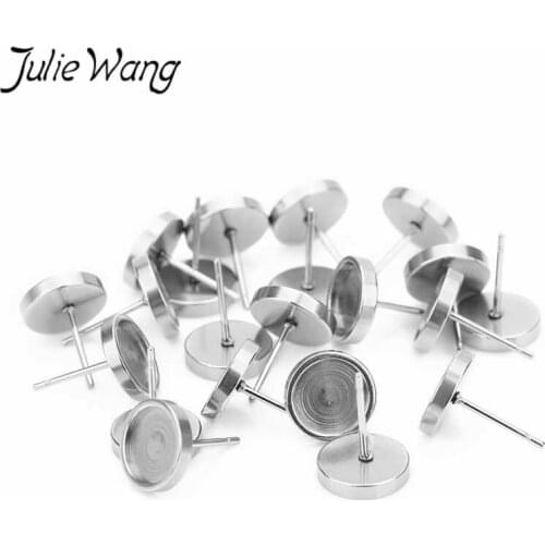 Julie Wang 20PCS 6/8/10/12mm Stud Earring Cabochon Settings Base Stainless Steel Earring Post Cup Jewelry Making Accessory