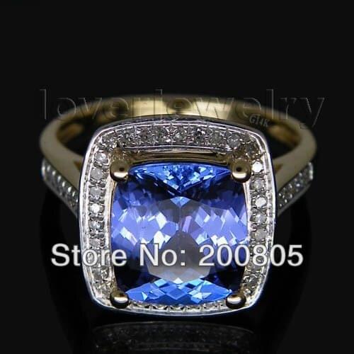 LOVERJEWELRY Vintage Cushion 8X8mm 14k Yellow Gold Diamond AAA Tanzanite Ring SR138