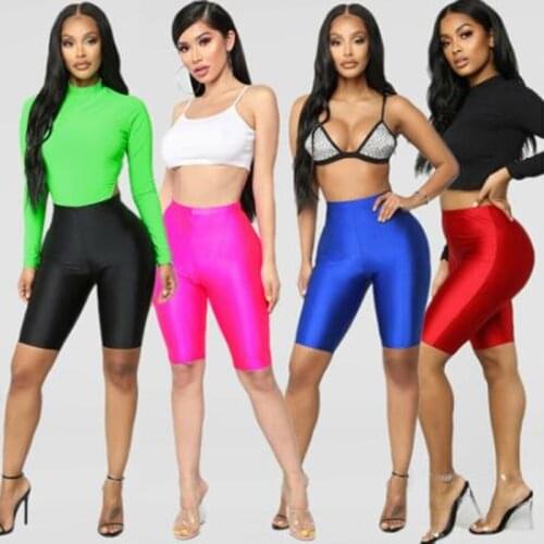 Summer Womens Glossy Cycling Shorts Stretch Plain Casual Sports Fitness Ladies Elastic Waist Elastic Black Slim Shorts