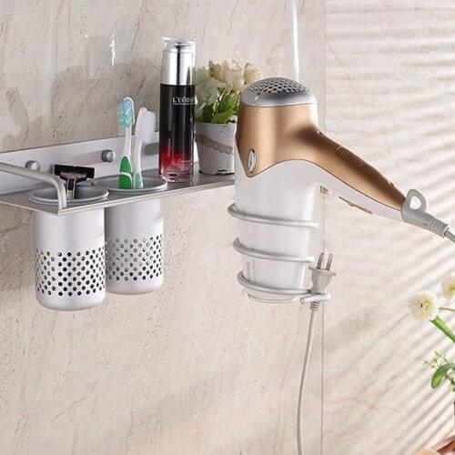 Multi-function Bathroom Hair Dryer Holder Wall Mounted Rack Space Aluminum Shelf Storage Organizer Hairdryer Holder