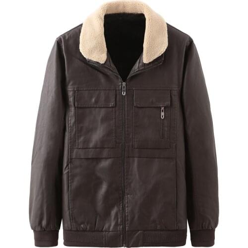 Autumn Winter Leather Jacket Men Fur Collar Thick Warm Fleece PU Faux Leather Motorcycle Jacket Multi-pockets Casaco Masculino