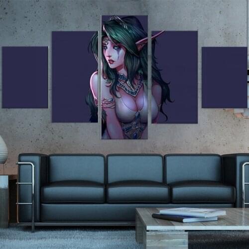 Wow Night Elves Tyrande Whisperwind Print Picture Home Wall Art Modular Poster 5 Panel Painting On Canvas Living Room Decor