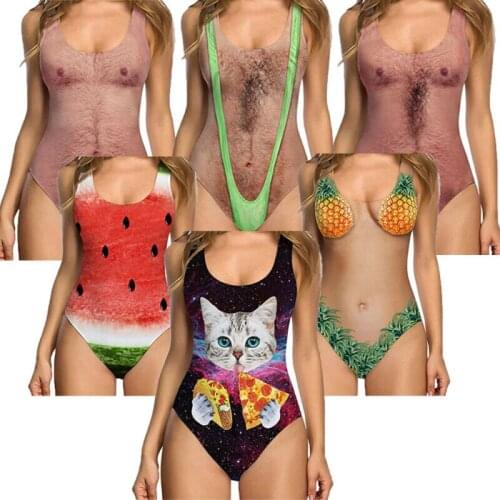 2020 New Sexy Funny Joke Chest Printed Women Swimsuit Bathingsuit Swimwear Beachwear Hot Swimming Costume