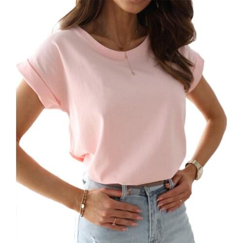 Solid Color Women Breathable Round Neck Short Sleeve Loose T-shirt Top Blouse