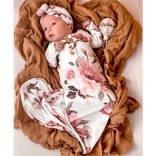 2Pcs Set Cute Floral Newborn Baby’s Girls Sleeping Bags Cotton Soft Long Sleeve Nightgown Swaddle Wrap with Hats Blanket