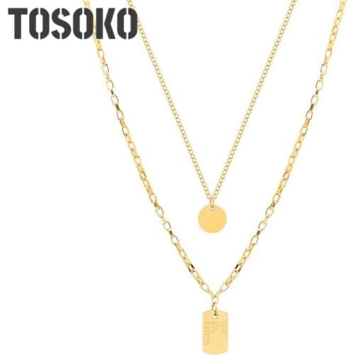 TOSOKO Stainless Steel Jewelry English Double Layered Square Brand Pendant Necklace Womens Fashion Clavicle Chain BSP827