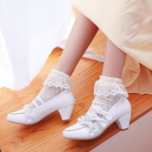 YQBTDL Summer Ladies Mary Jane Shoes White Pink Party Bride High Heels Pumps Ruffles Bow Knot Cosplay Princess Lolita Shoes 43