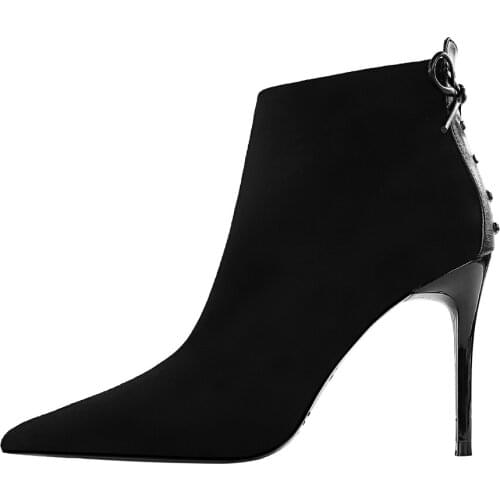 UMMEWALO Flock Boots Women Pointed Toe Thin Heels High Heel Shoes Winter Side Zippper Ankle Boots Ladies Shoes