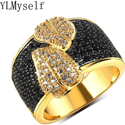 Leaf Gold black rings for women 2 tone plate with Clear and black cubic zirconia crystal stones ring for Party