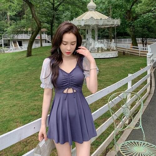 Korean Style New Women One Piece Swimsuit Plaid Short Sleeve Ruffled Hollow-out Swimwear Summer Bathing suit Pads Pleated Skirt