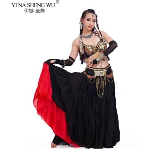 Women Tribal Belly Dance Wear 4 Pieces Outfit Set Antique Bronze Beads Bra Belt Skirts Gypsy Dance Costumes New Tribal Clothing