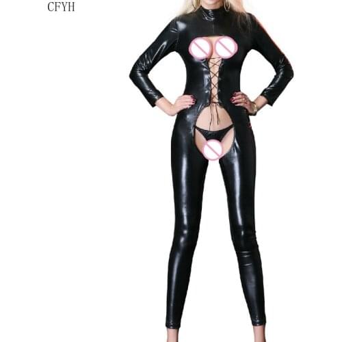Women Sexy PU Leather Full Body Latex Catsuit Open Bra Crotchless Long Sleeve Bodysuit Erotic Nightclub Lingerie Costumes