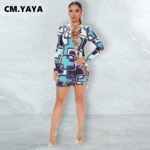 CM.YAYA Women Mini Dress Print Bandage Hollow Out Skinny Dresses Sexy Night Clubwear Female Fashion Vestidos Autumn Outfits 2021